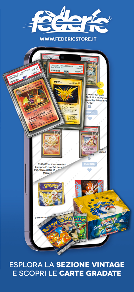 Federicstore - Federicstore app interface displaying vintage graded Pokemon cards and sealed collectible products