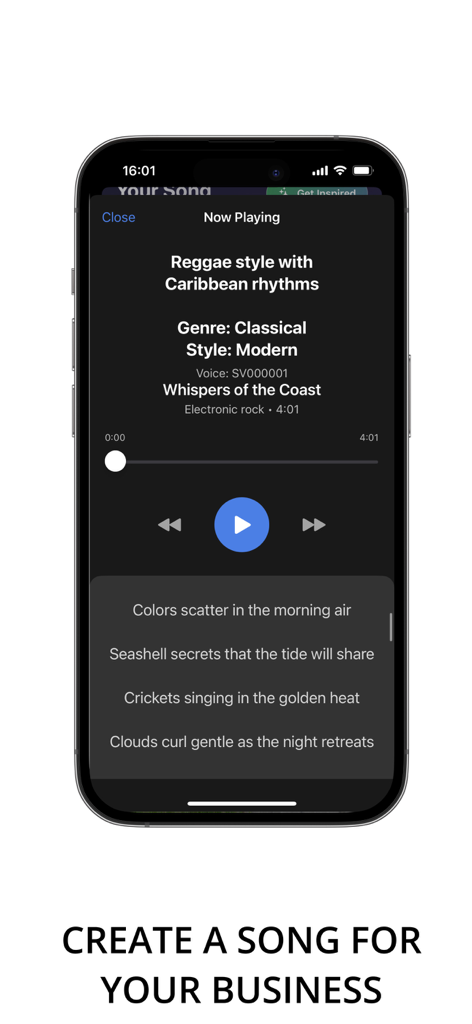 AI Song Music Maker Songer AI - Screenshot of the Songer AI app showing the music player interface for a generated song with the caption Create a song for your business.
