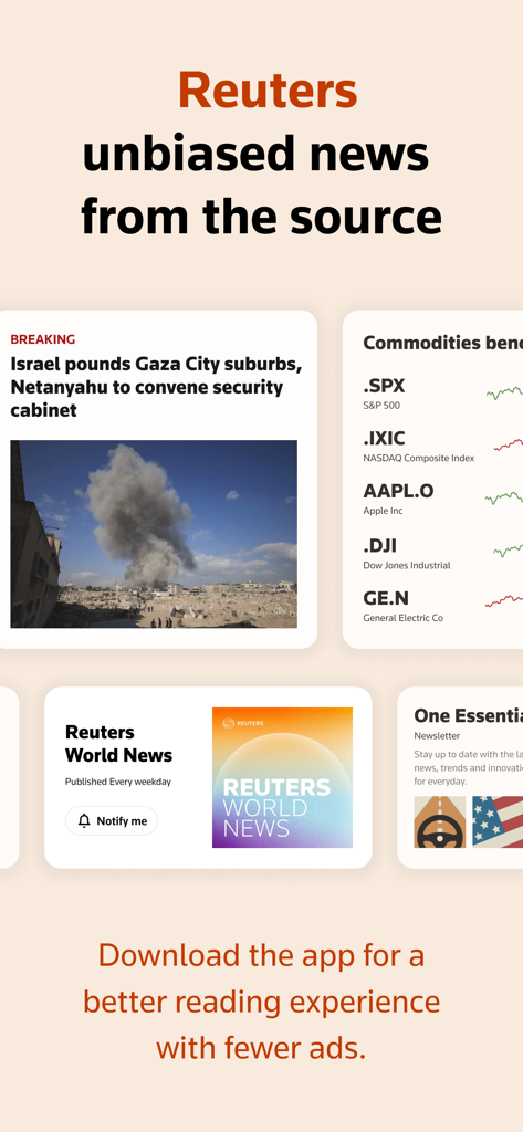 Reuters - Breaking World News - Gráfico promocional do aplicativo Reuters mostrando notícias globais urgentes, atualizações do mercado de ações e podcasts de notícias mundiais