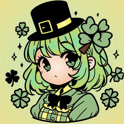 a manga-style girl with clovers around her, a little hat in her hair, like it's saint patrick's day