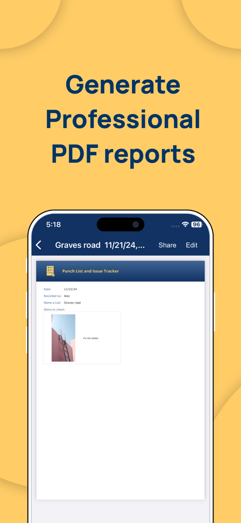 Punch List and Issue Tracker - 現場の問題の写真と説明を含む、パンチリストおよび問題追跡アプリによって生成されたプロフェッショナルなPDFレポートを表示するモバイル画面。