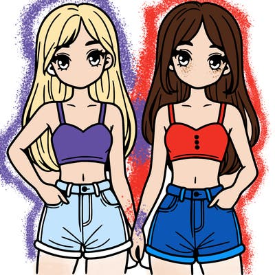 two sisters with crop tops and jean shorts and straight hair