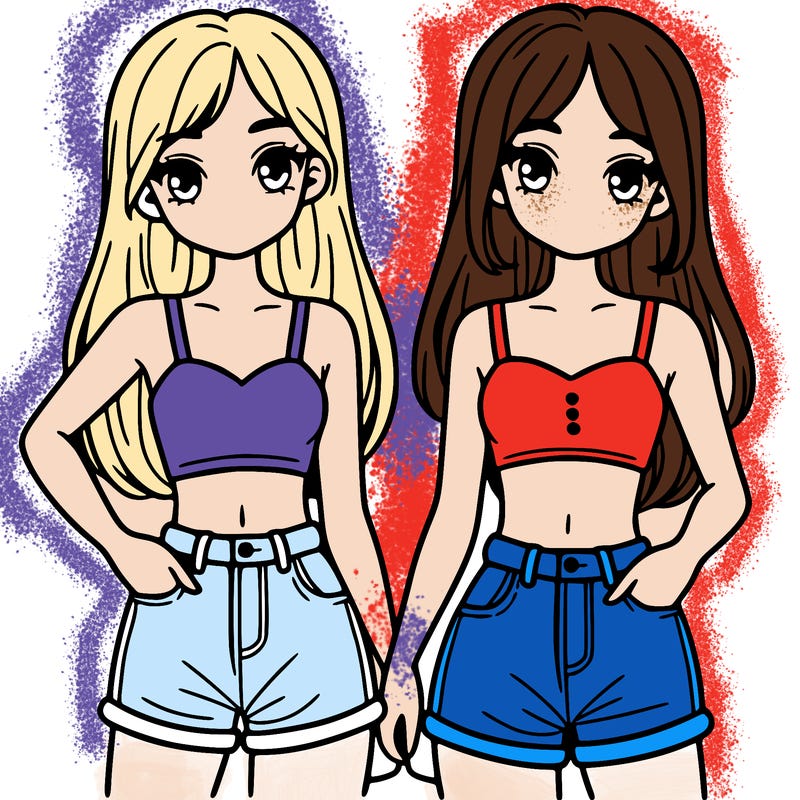 two sisters with crop tops and jean shorts and straight hair