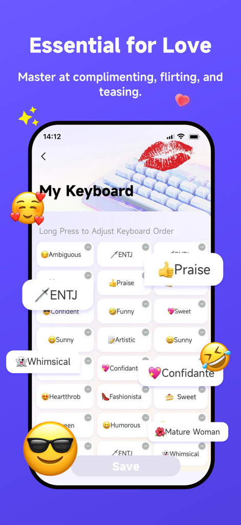 Interface showing the Muah AI keyboard persona marketplace with categories like Confident, Funny, and Heartthrob for dating conversations.