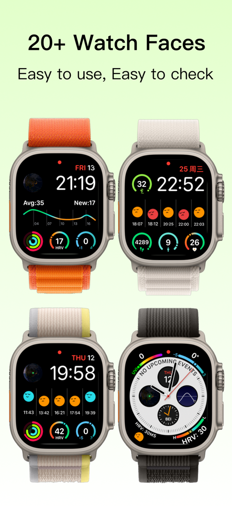 A collection of four Apple Watch Ultra displays showing various wellness-focused watch faces with HRV and stress tracking data.