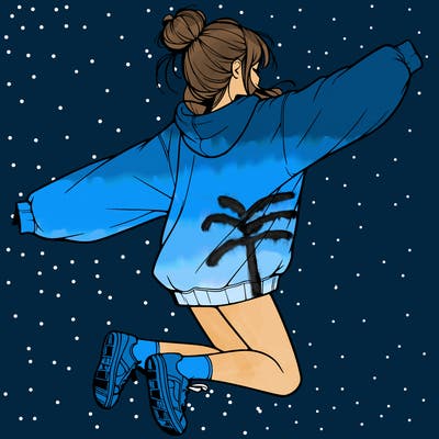 realistic girl jumping with a bun and oversized sweatshirt