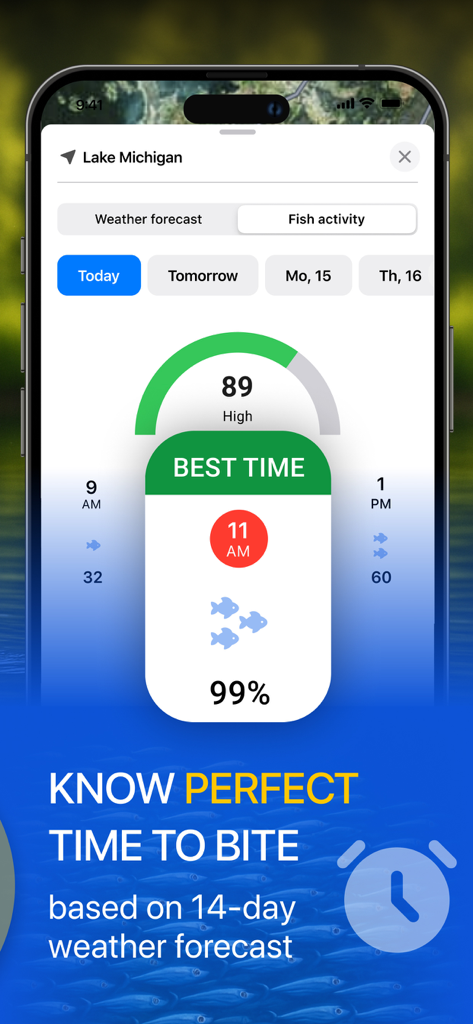 Marlin: Ultimate Fishing App - Marlin fishing app screen showing a fish activity forecast and the best time to bite.