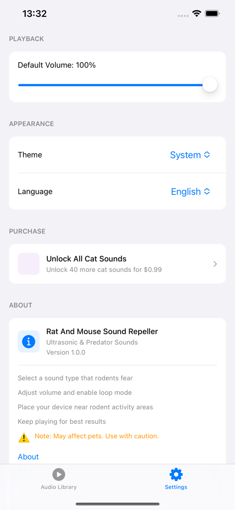 Rat And Mouse Sound Repeller - Settings interface of the Rat and Mouse Sound Repeller app featuring volume control theme selection and a warning note about pets