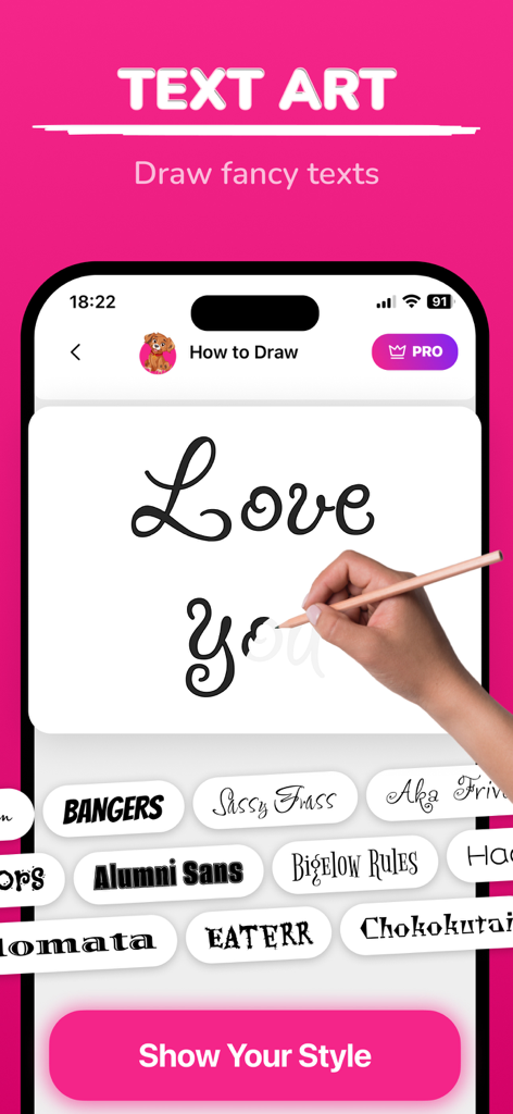 A mobile app interface showing a tracing guide for fancy calligraphy text with various font styles below.