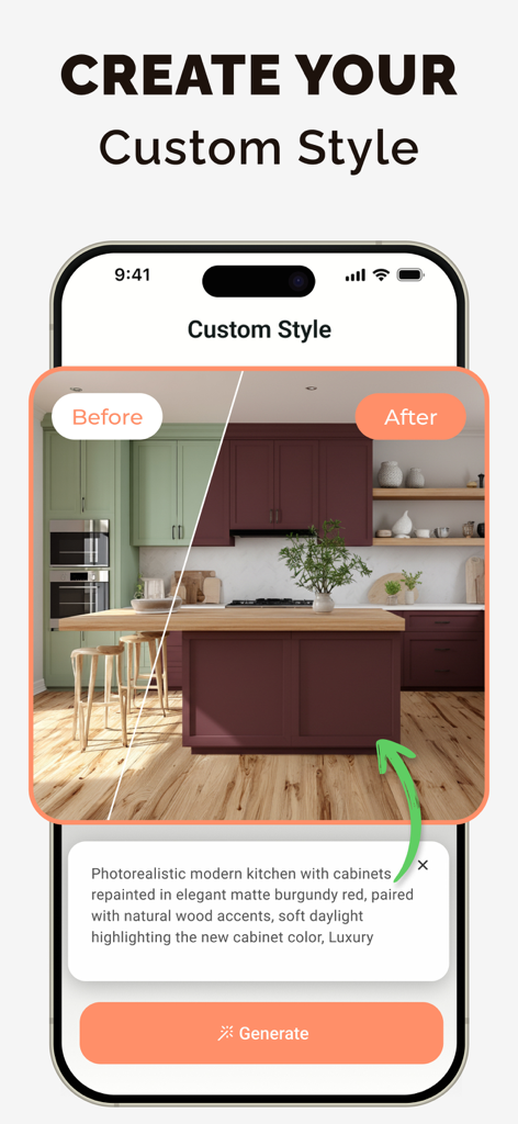 Deco: AI Remodel & Home Design - AI-powered before and after visualization of a kitchen remodel with burgundy cabinets