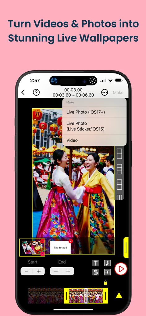 iPhone screenshot showing the VideoToLive app interface for converting videos into live wallpapers with editing tools.