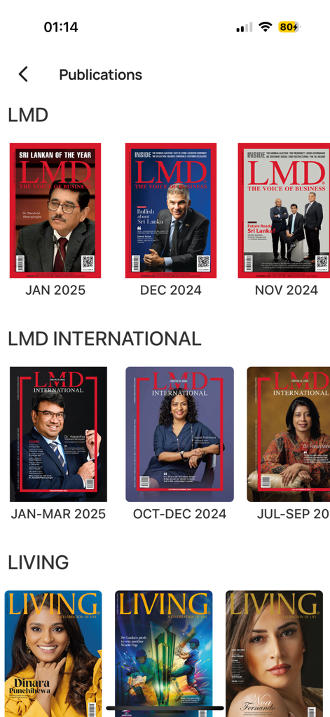 LMDi - LMDi app screen showing various editions of LMD, LMD International, and Living magazines for selection.