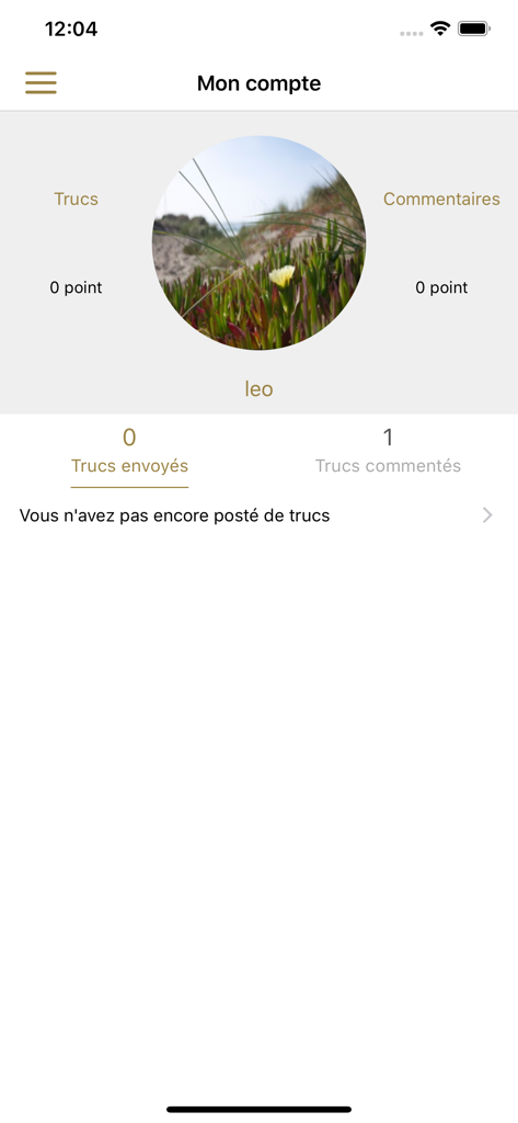 User profile screen of the Grandmother Tips app showing account points and tips history