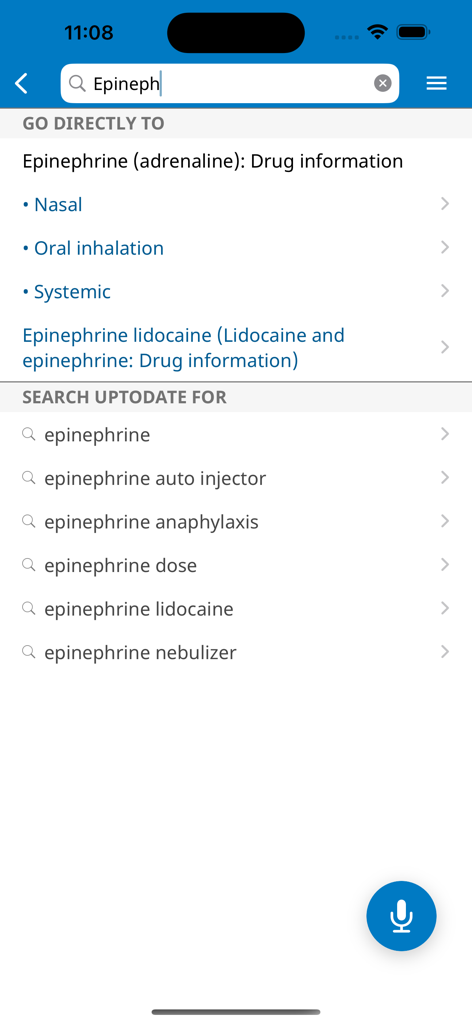 Search screen of the UpToDate medical app showing clinical search results for Epinephrine