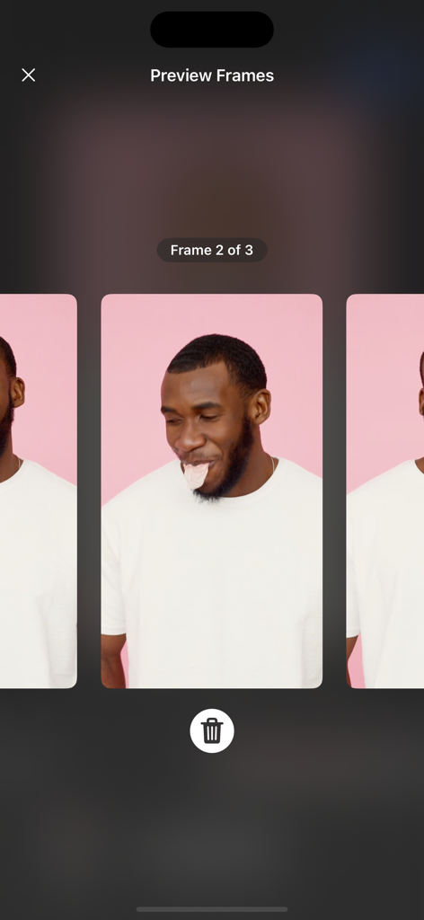 Video To Photo - Frame Grabber - Interface of the app showing three captured video frames of a man for selection