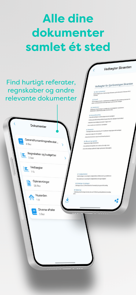uHabi - uHabi mobile app interface showing a categorized document list and a preview of property association statutes on two smartphones.