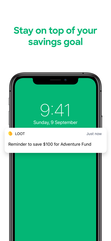 Una pantalla de smartphone mostrando una notificación push de la aplicación Loot recordando al usuario que ahorre cien dólares para su Fondo de Aventura.