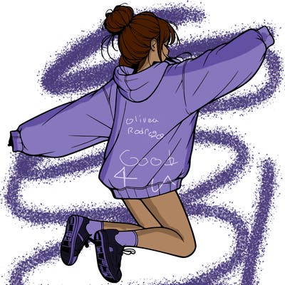 realistic girl jumping with a bun and oversized sweatshirt