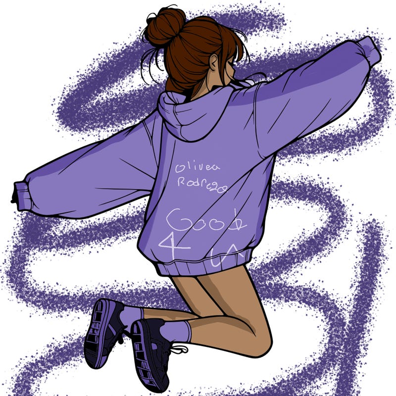 realistic girl jumping with a bun and oversized sweatshirt