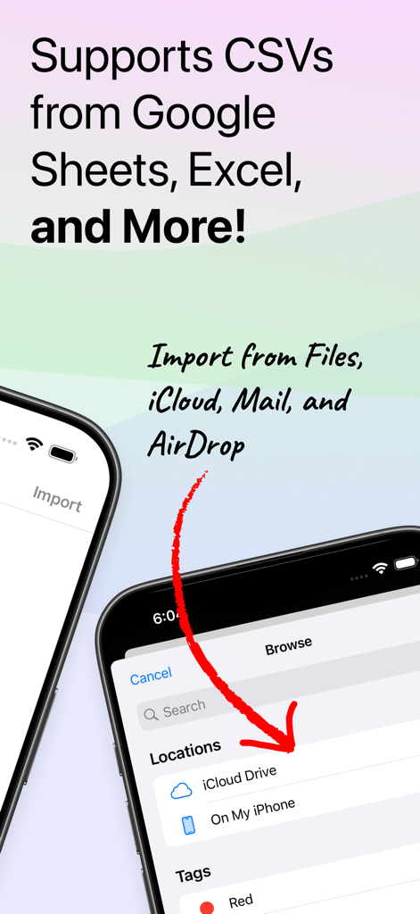 Health CSV Importer app screen displaying options to import health data from iCloud and iPhone storage.