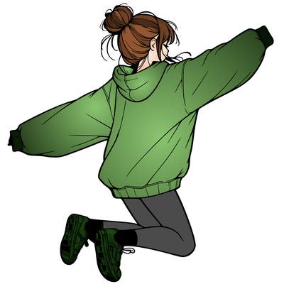 realistic girl jumping with a bun and oversized sweatshirt