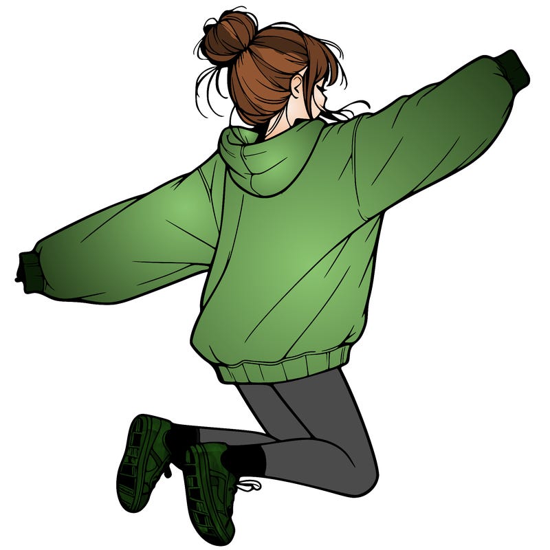 realistic girl jumping with a bun and oversized sweatshirt