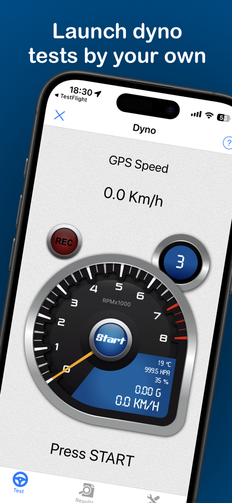 PerfExpert mobile app interface showing a digital tachometer for starting an on-board car dyno test
