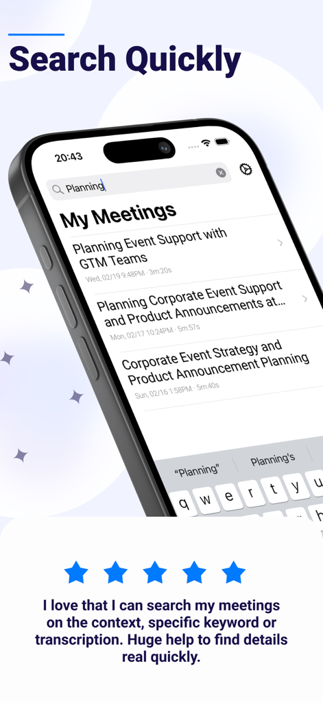 AI Meeting Notes - キーワードでAI生成議事録を検索するためのプロフェッショナルなiPhoneアプリインターフェース