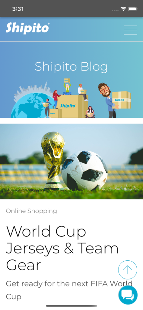 Sección del blog de la aplicación Shipito que muestra un artículo sobre la compra de camisetas y equipo de la Copa del Mundo.