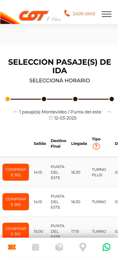 COT mobile app interface showing bus schedules and ticket prices from Montevideo to Punta del Este.