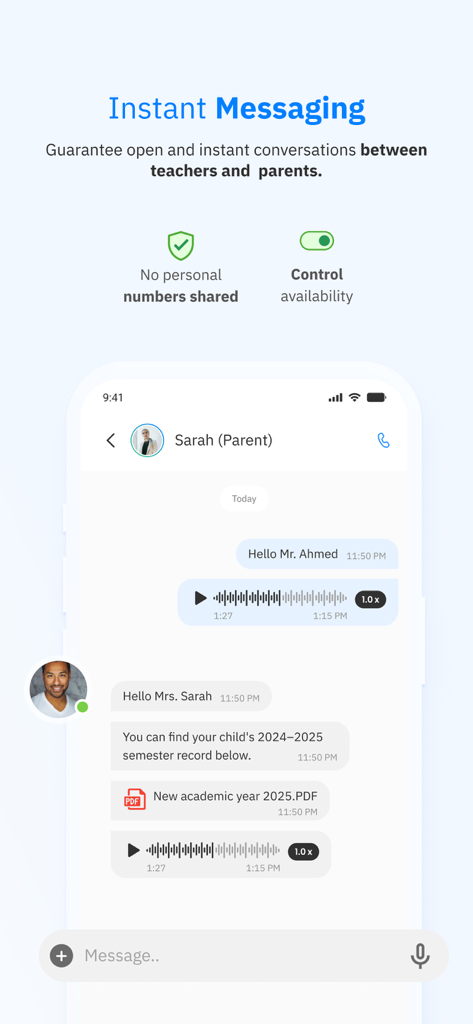 Schoolvoice - Your School App - Interface of the Schoolvoice app showing a secure private chat between a teacher and a parent
