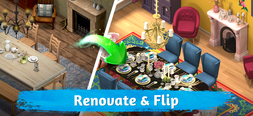 Roomflip: Design TV Show Game - Before and after comparison of a dining room transformation in Roomflip game