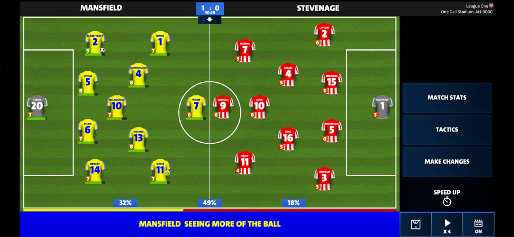 First Team Manager Season 2026 - A tactical overview of a live football match in First Team Manager 2026 showing player formations and possession percentages.