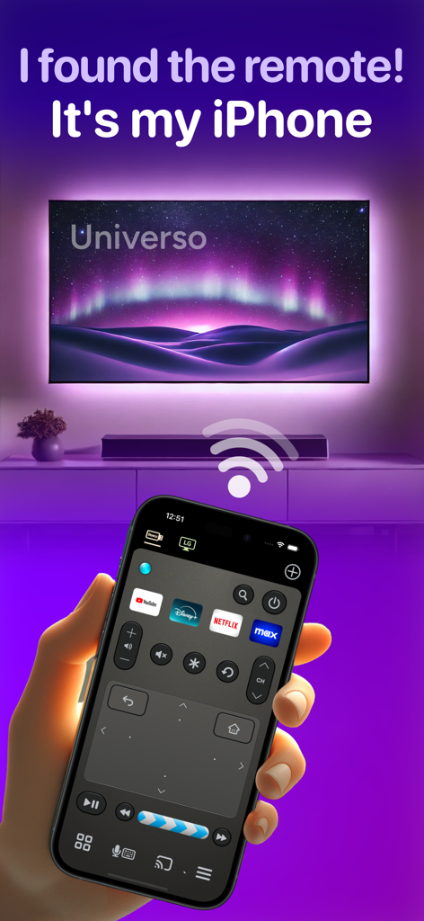 iPhone screen showing the Universo TV remote control app with a touchpad and streaming shortcuts.