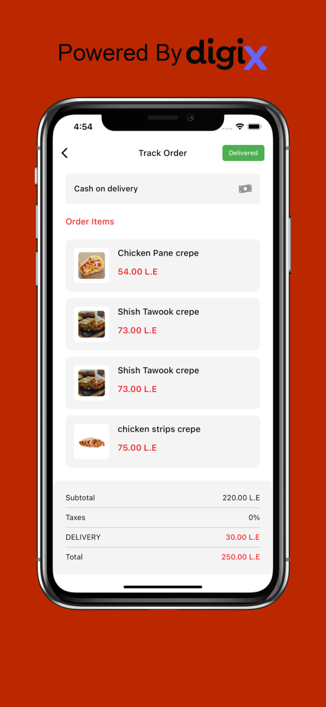 City Crepe - City Crepe 앱 주문 추적 화면으로 구매한 항목 목록 및 총 가격 표시