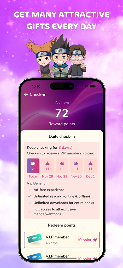 Manga Webtoon: Endless Stories - Daily check-in screen of the Manga Webtoon app showing reward points and VIP membership benefits