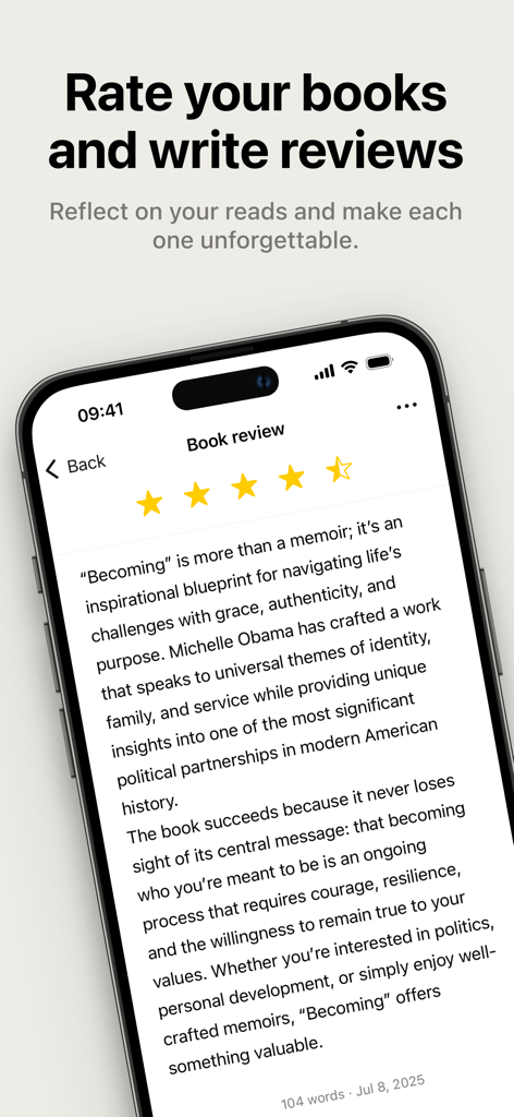 Bookology: Book Tracker - A screenshot of the Bookology app interface showing a star rating system and a written book review for Becoming by Michelle Obama.