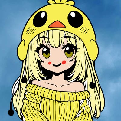 anime girl with chick shaped hat with sweater with bare shoulders with bangs covering them one eye with low tail