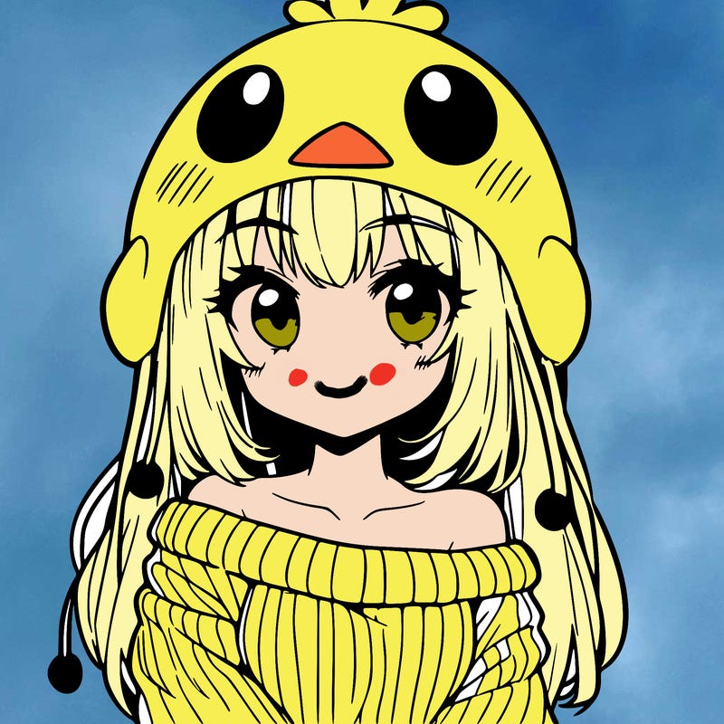 anime girl with chick shaped hat with sweater with bare shoulders with bangs covering them one eye with low tail
