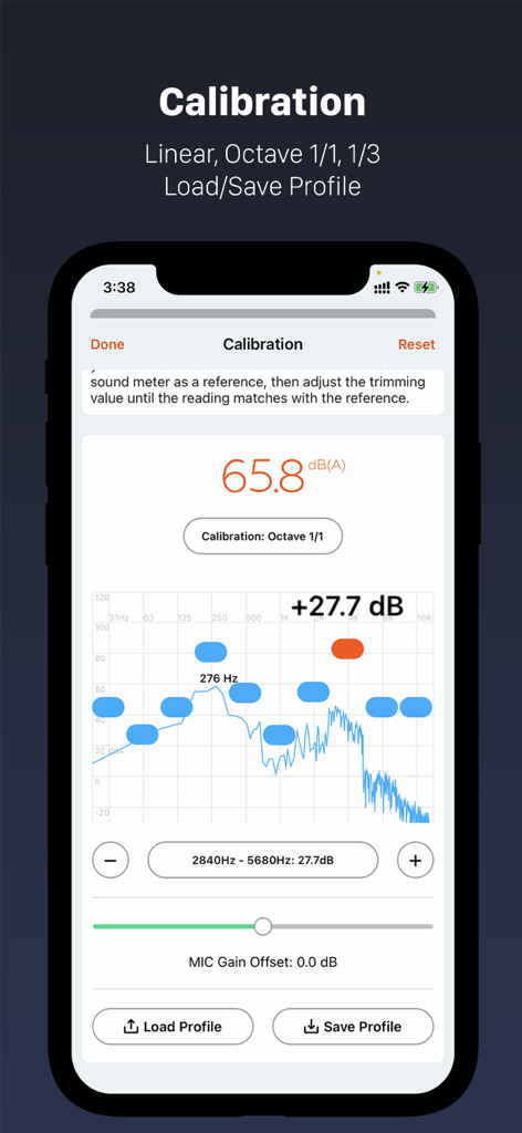 Decibel X PRO app showing the professional calibration screen with octave frequency analysis and decibel readings