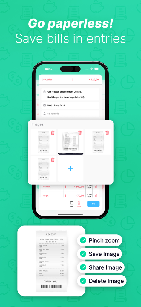 A mobile app interface from YBB Budgeting showing how to save, zoom, and share digital receipts for expense tracking.