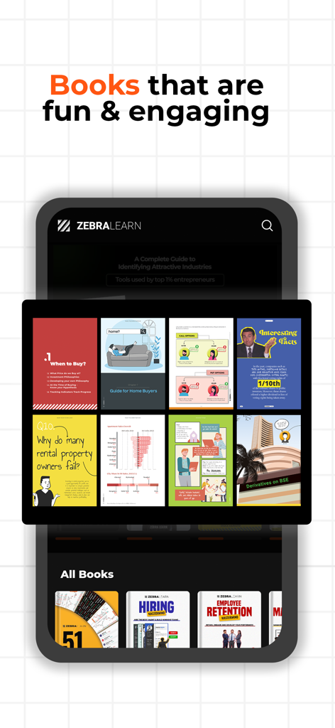 Interface do aplicativo ZebraLearn exibindo uma grade colorida de capas de livros visuais envolventes para habilidades de negócios e carreira.