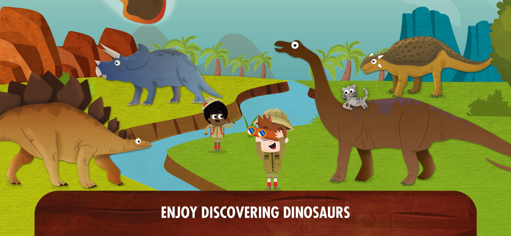 A colorful illustration featuring various dinosaurs and two young explorers in a prehistoric landscape.