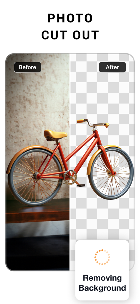 Before and after comparison of background removal for a red bicycle using the PhotoCut app