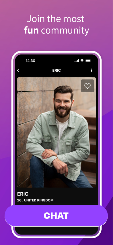 A user profile screen in the Zingy app showing a man's photo with a large purple chat button and the text join the most fun community