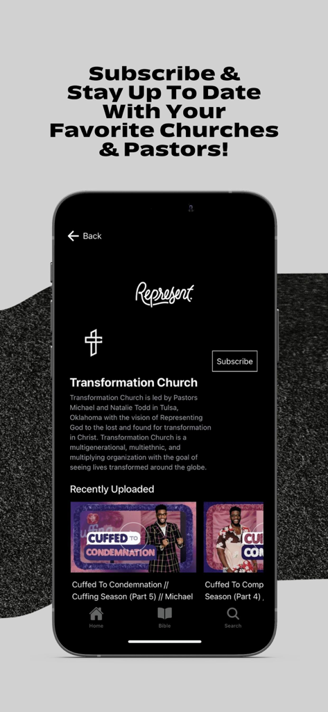 PandoApp - PandoApp mobile screen showing a church profile with a subscribe button and recently uploaded sermon videos.