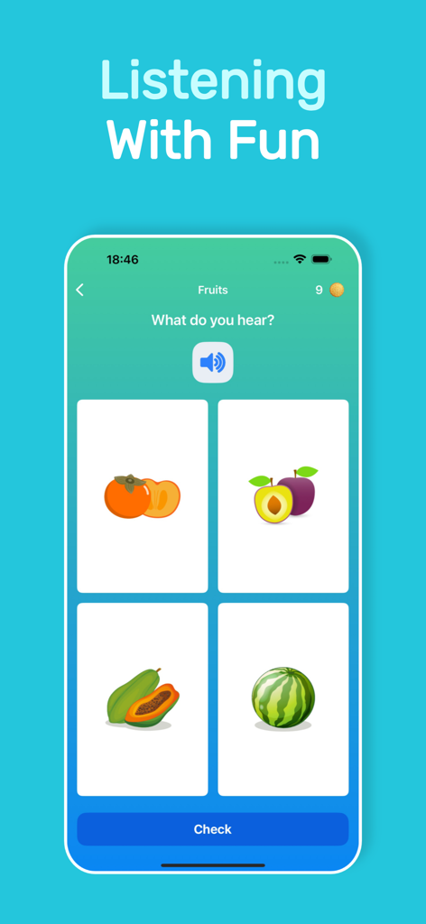 Lingo Speak: Learn English ABC - Una pantalla de juego de escucha educativo de la aplicación Lingo Speak que muestra cuatro imágenes diferentes de frutas para un cuestionario de identificación de vocabulario.