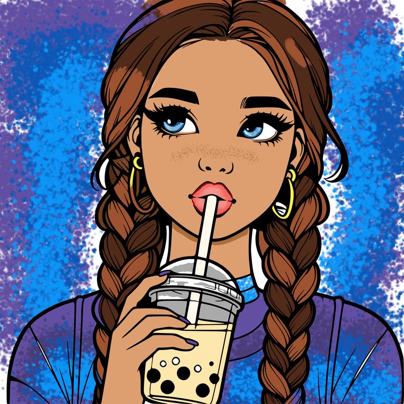 realistic girl with braided hair drinking boba
