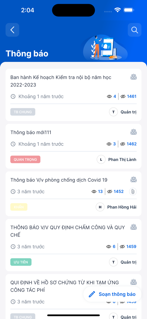 Der Benachrichtigungsbildschirm der OneUni mobilen App, der eine Liste von Campus-Ankündigungen und akademischen Updates für Studenten und Fakultät anzeigt.