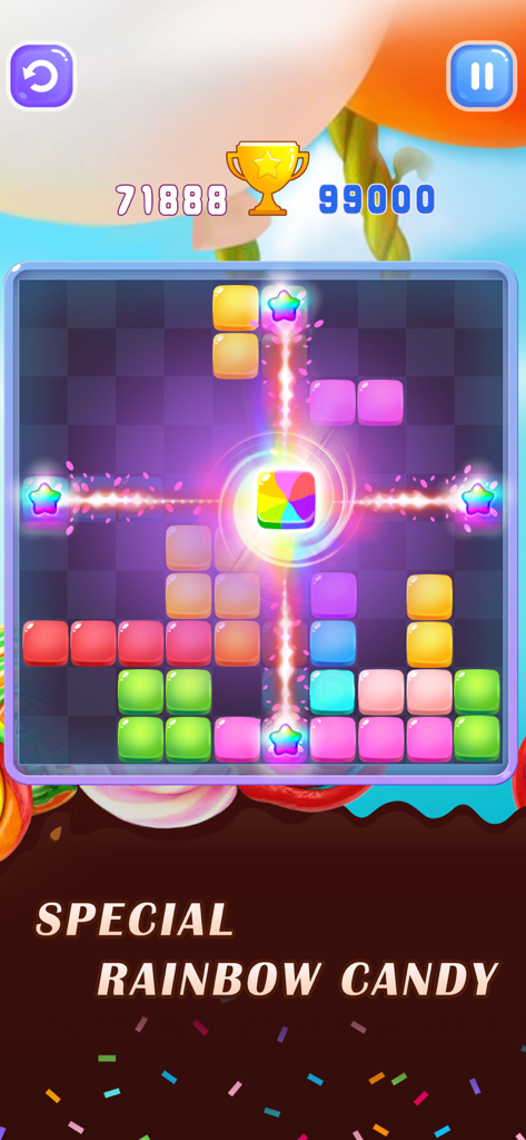 Candy Block Craft - A screenshot of Candy Block Craft gameplay showing a special rainbow candy block activating a power-up on a grid of colorful blocks.